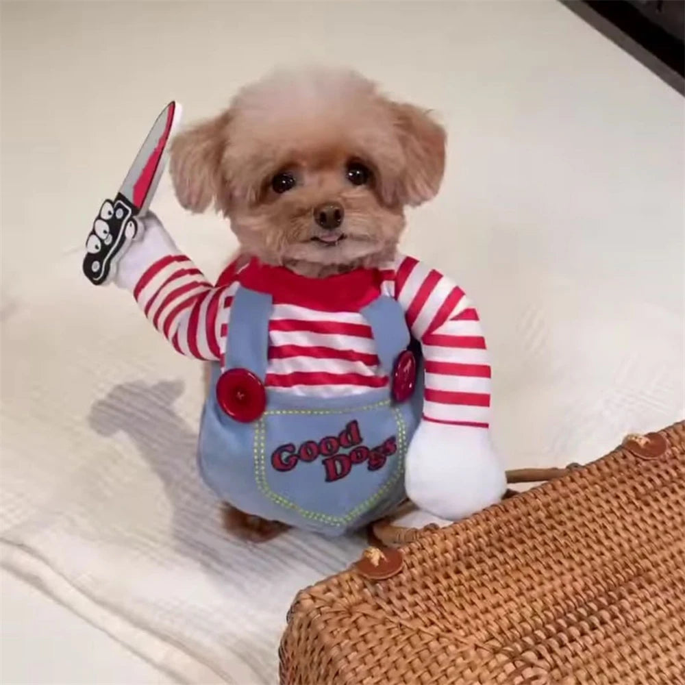 Halloween Dog Clothes Personalized Funny Cosplay Costume Party Pet Clothing Teddy Deadly Doll Knife Dagger Hoodies Accessories